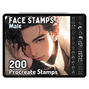 Puede incluir: Una ilustración digital de la cara de un hombre en la pantalla de una tableta. El texto "FACE STAMPS Male 200 Procreate Stamps" se muestra en la pantalla. La imagen muestra una colección de 200 sellos digitales para usar en la aplicación Procreate.