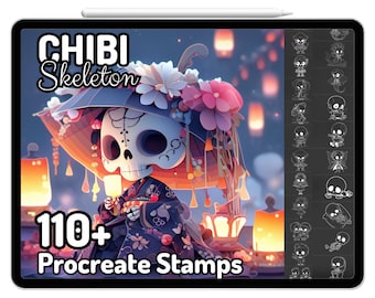 Procreate Chibi Skeleton Skull Kawaii Gothic Funny Magical Drawing Guide Stamps Brushes Coloring Creepy Cute Halloween Characters Sketch