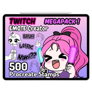 Puede incluir: Una ilustración digital de una chica de anime de pelo rosa sosteniendo dos palos de luz brillantes. El texto "Twitch Emote Creator Megapack! 500 Procreate Stamps" se muestra sobre un fondo morado.
