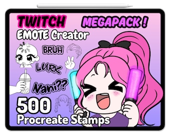 Procreate Twitch Emote Base YCH DIY Discord Lashes Badges Chibi Girl Boy Hair Feminine Lashes Hand Kawaii Character Cute Stamps Brush Guide