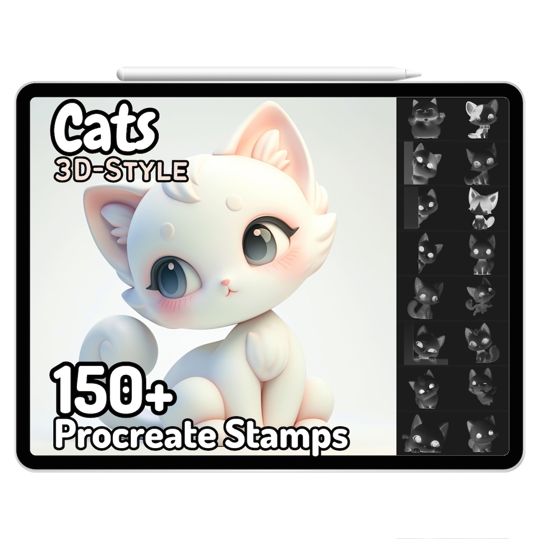Procreate 3D Style Kawaii Stamps Chibi Cute Cats Kitty Animals Pets ...