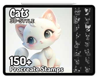 Procreate 3D Style Kawaii Stamps Chibi Cute Cats Kitty Animals Pets Elements Anime Emotes Maneki Neko Chibi Rendering Guides Cartoon Brushes