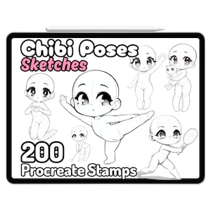 Procreate Chibi Poses Base Sketches Hand Gesture Kawaii Character Stamps Brush Guide Cute Female Girl Pets Action Posture Body Anime Manga