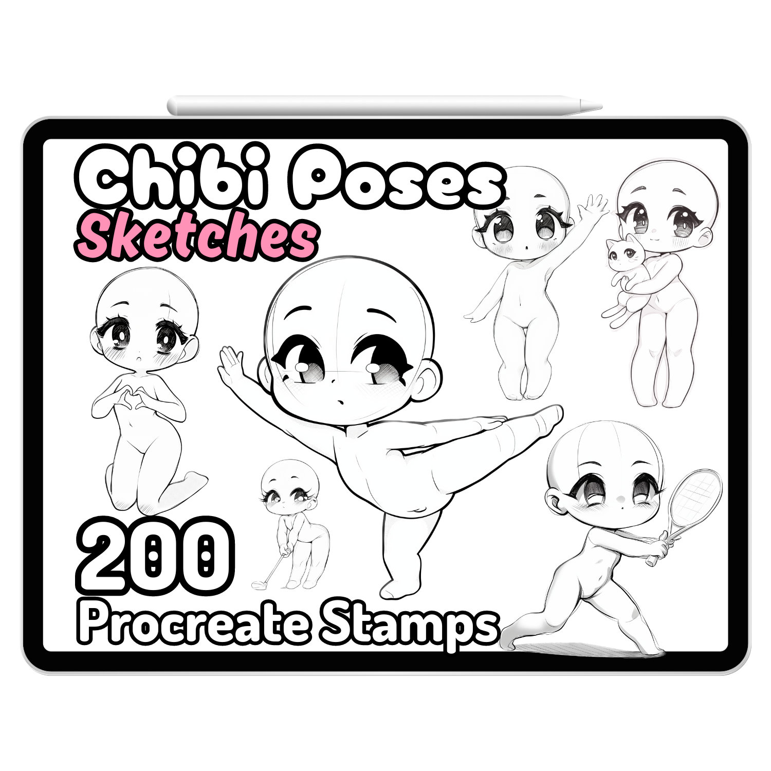 Procreate Chibi Pose Stamps Set de Pinceaux — 200 croquis de base kawaii, gestes de main, poses d’anime fille & animaux