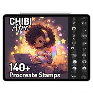 Procreate Chibi Afro Curly Big Hair Süßes Mädchen Schwarz BLM Junge Zeichnungsanleitung Stempel Pinsel Färbung Anime Niedlicher Spaß
