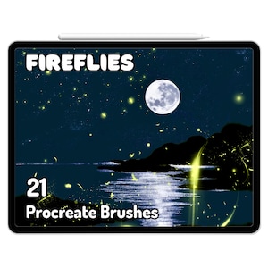 Könnte beinhalten: Eine digitale Illustration eines Nachthimmels mit Vollmond, Sternen und Glühwürmchen. Der Text "FIREFLIES" befindet sich oben im Bild. Der Text "21 Procreate Brushes" befindet sich unten im Bild.