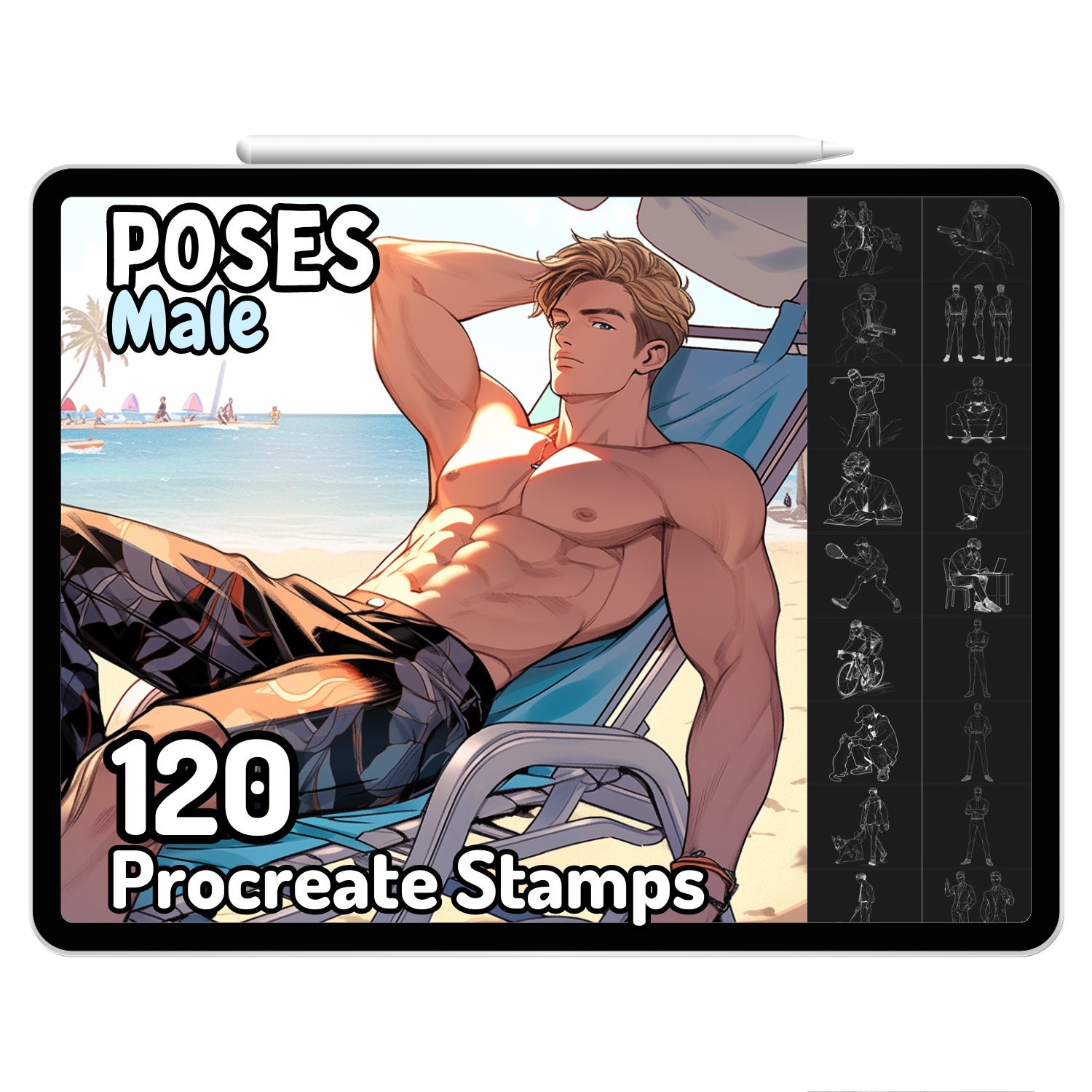 Procreate Male Poses Anime Body Guides Stamps Man Boy Brushes Cute Kawaii Pack Drawing Guides Adult Coloring Book Japanese Oriental