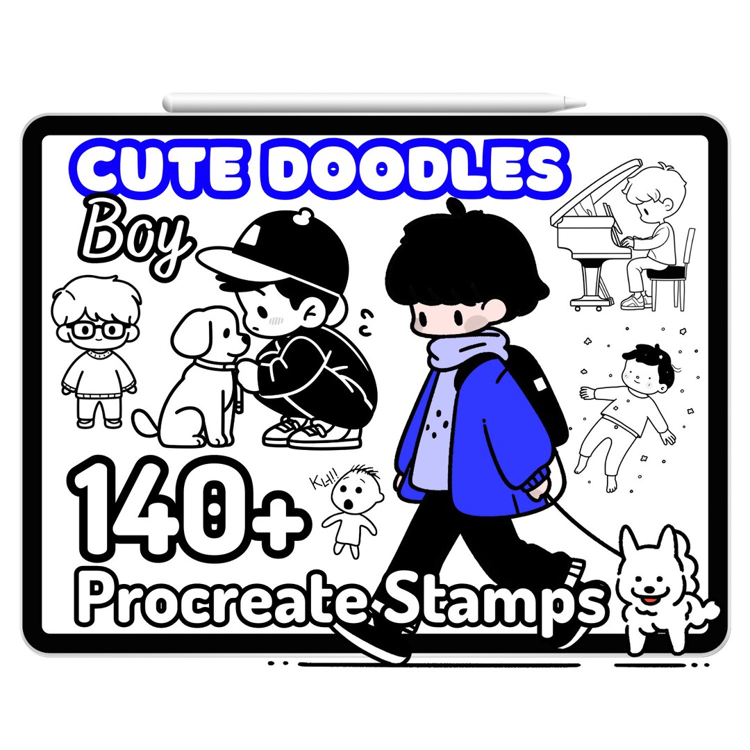 Kawaii Procreate Brushes Stamps Cute Boy Line Art Doodle Graffiti Food ...
