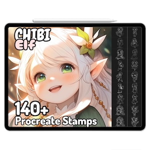 Puede incluir: Una ilustración digital de una linda niña elfo chibi con ojos verdes y cabello rubio. La imagen está en la pantalla de una tableta con el texto "CHIBI Elf 140+ Procreate Stamps" mostrado. La imagen está rodeada por un borde blanco.