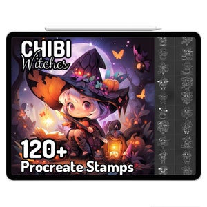 Puede incluir: Una ilustración digital de una linda bruja chibi con un sombrero morado y un libro. La imagen está en la pantalla de una tableta con el texto "CHIBI Witches 120+ Procreate Stamps".