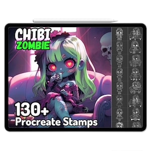 Puede incluir: Una ilustración digital de una chica zombie chibi de piel verde con ojos rojos, vestida con un vestido rosa y sentada en un sofá rosa. La imagen incluye el texto "CHIBI ZOMBIE" y "130+ Procreate Stamps".