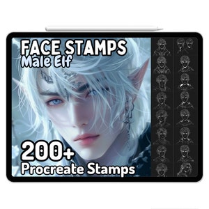 Puede incluir: Una ilustración digital de un elfo masculino con cabello blanco y ojos azules. La imagen es una vista previa de un conjunto de más de 200 sellos de Procreate que presentan diferentes expresiones faciales. El texto "FACE STAMPS Male Elf" se muestra en la parte superior de la imagen.