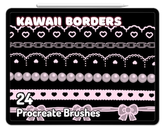 Procreate Kawaii Borders Spitze Herz Gliederkette Perlen Bürsten Set Bogen Bänder Bujo Yami Soft Goth Anime Cute Soft Girl Handgezeichnete Ästhetik