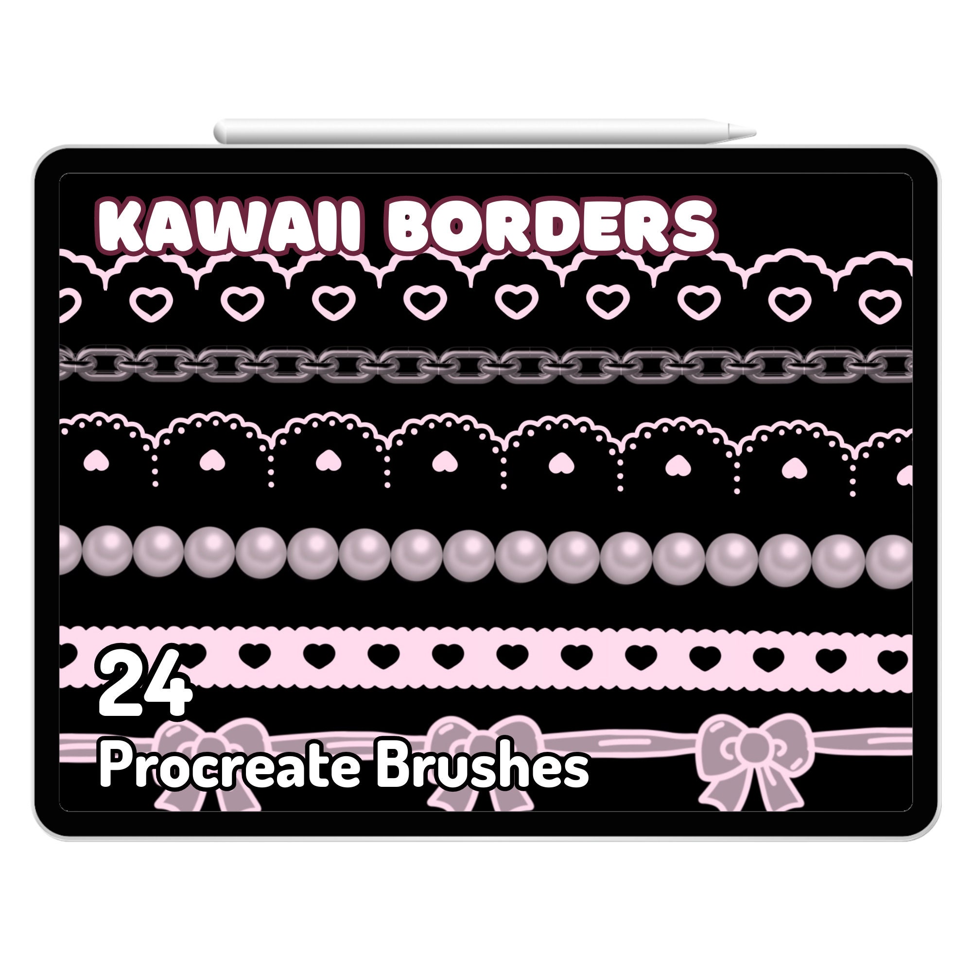 Procreate Kawaii Borders Brushes Set – Lace, Hearts, Chains, Pearls, Bows & Ribbons for Cute Bujo and Soft Goth Art - Image 1