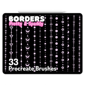 Puede incluir: Una ilustración digital de 33 pinceles de Procreate para crear bordes. Los pinceles presentan una variedad de diseños, incluyendo estrellas, lunas, mariposas y copos de nieve. El texto "BORDERS Pretty & Sparkly" se muestra en la parte superior de la imagen.