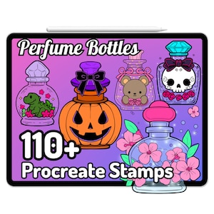 May include: A digital illustration of 110+ Procreate stamps featuring various perfume bottles. The bottles are in different styles and colors, including a pumpkin-shaped bottle, a bottle with a skull and crossbones, and a bottle with a bear inside. The text "Perfume Bottles" and "110+ Procreate Stamps" is also included in the image.
