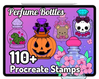 Procreate Perfume Bottles Potion Kawaii Skeleton Creepy Cute Halloween Skull Cat Bear Cherry Blossoms Magical Guide Stamps Brushes Coloring