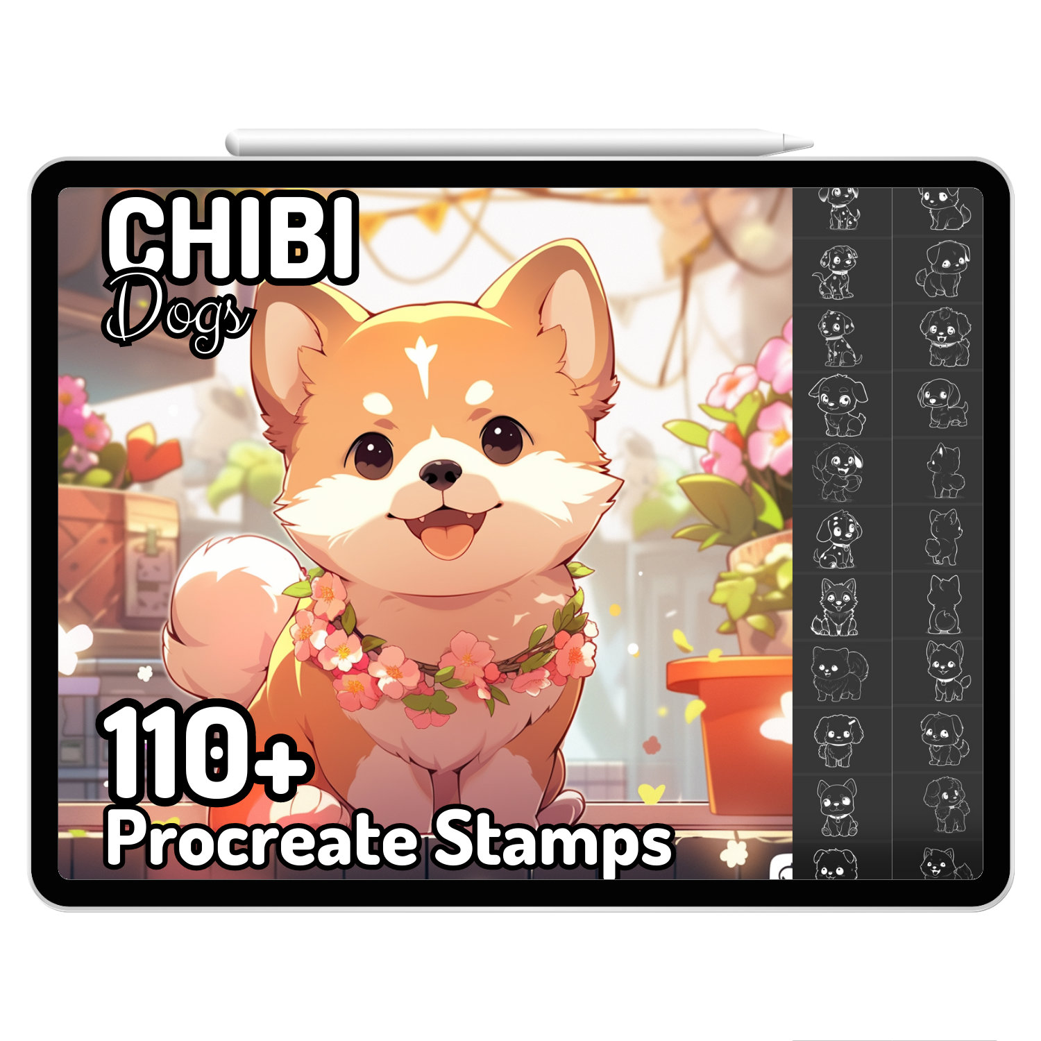 Kawaii Chibi Dog Procreate Stamps & Brushes — Shiba Inu Puppy Doodles, Cute Cartoon Sticker Emotes
