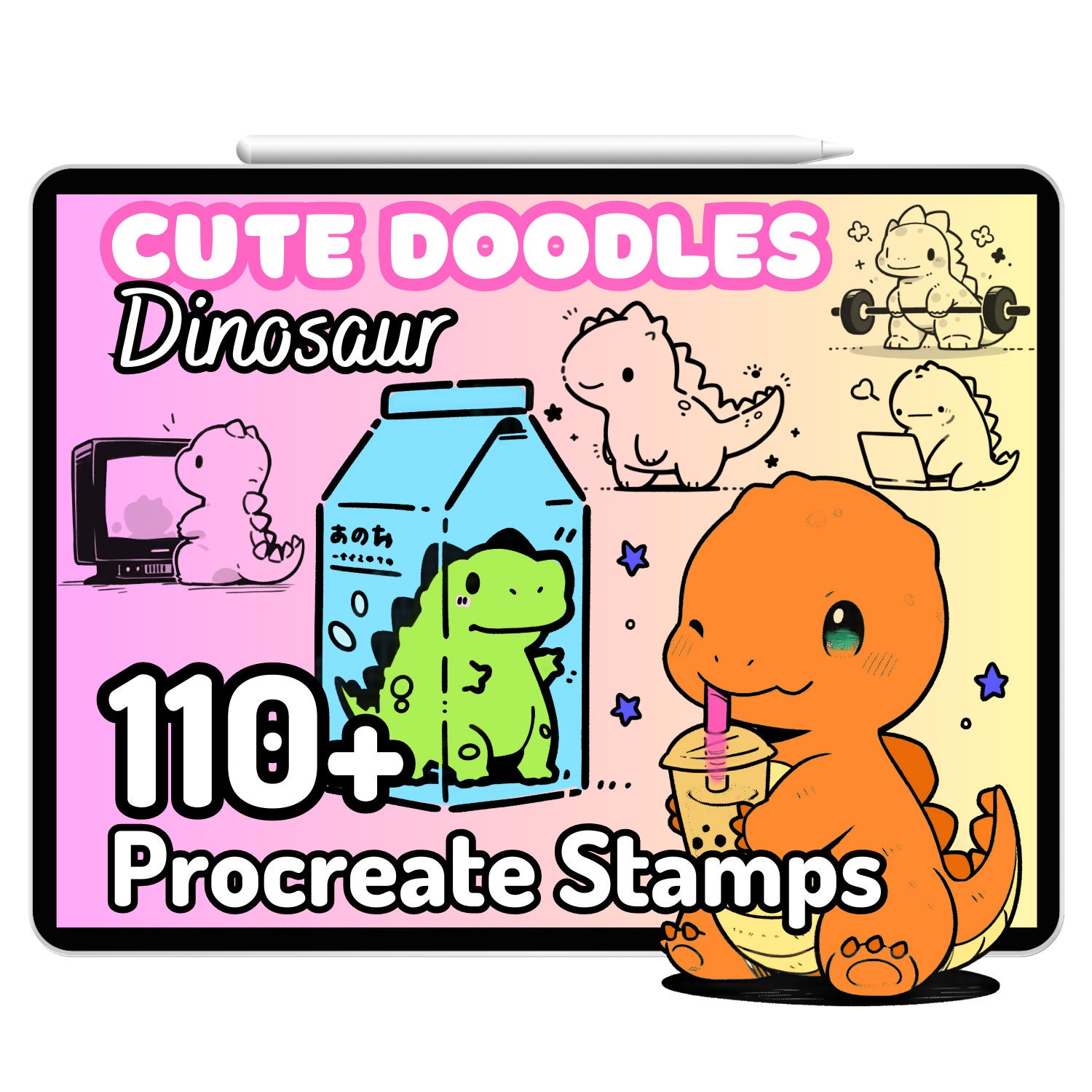 Procreate Brushes Stamps Cute Dinosaur Dino Lizard Kawaii Doodle Food ...