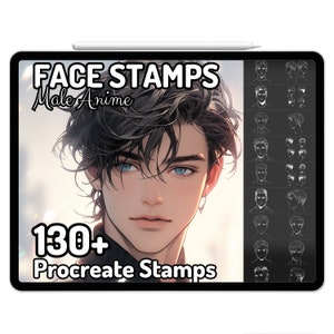 Puede incluir: Una ilustración digital de un personaje de anime masculino con ojos azules y cabello negro. La imagen está en la pantalla de una tableta con el texto "FACE STAMPS Male Anime 130+ Procreate Stamps".