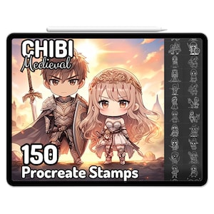 Könnte beinhalten: Eine digitale Illustration eines Sets mit 150 Procreate-Stempeln, die einen mittelalterlichen Ritter und eine Prinzessin im Chibi-Stil zeigen. Die Stempel sind in Schwarzweiß gehalten und in einem Raster auf weißem Hintergrund angeordnet. Der Text "CHIBI Medieval" und "150 Procreate Stamps" ist ebenfalls auf dem Bild zu sehen.