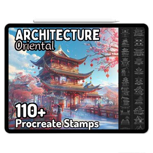Puede incluir: Una ilustración digital de una pagoda roja y dorada con flores de cerezo en primer plano. La imagen está en la pantalla de una tableta con el texto "ARCHITECTURE Oriental 110+ Procreate Stamps" en la parte inferior. El lado derecho de la imagen muestra una cuadrícula de dibujos en blanco y negro de varios edificios orientales.