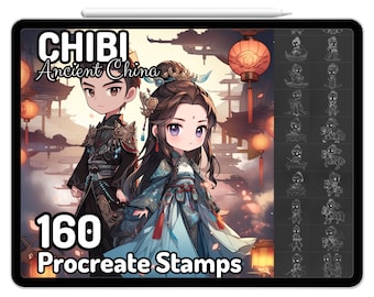 Procreate Chibi Hanfu Ancient Anime Orientale Cinese Wuxia MDZS Fighter Ninja Kungfu Spadaccino Guida al disegno Francobolli Pennello Cina Colorazione