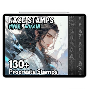 Puede incluir: Una ilustración digital de un hombre con cabello negro largo y un atuendo blanco y azul. La imagen está en la pantalla de una tableta con el texto "FACE STAMPS MALE WUXIA 130+ Procreate Stamps".