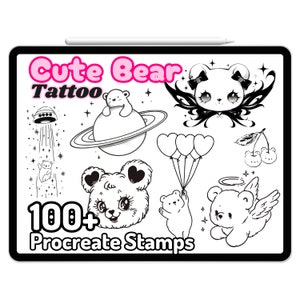 Procreate Tattoo Schattige beer Stempels Minimalistisch Kawaii Teddy Penselen Schetsen Ontwerpen Doodles Eenvoudige lijntekeningen Elementen Anime Cartoon Esthetisch