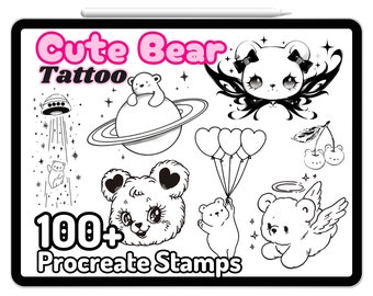 Procreate Tattoo Cute Bear Stamps Minimalist Kawaii Teddy Brushes Sketches Designs Doodles Simple Line Art Elements Anime Cartoon Aesthetic