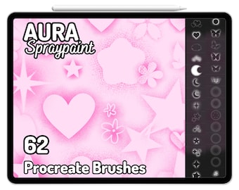 May include: A pink iPad screen displaying a set of 62 Procreate brushes called "Aura Spraypaint". The brushes are displayed in a grid on the right side of the screen, and the left side of the screen shows a pink background with various shapes and patterns.