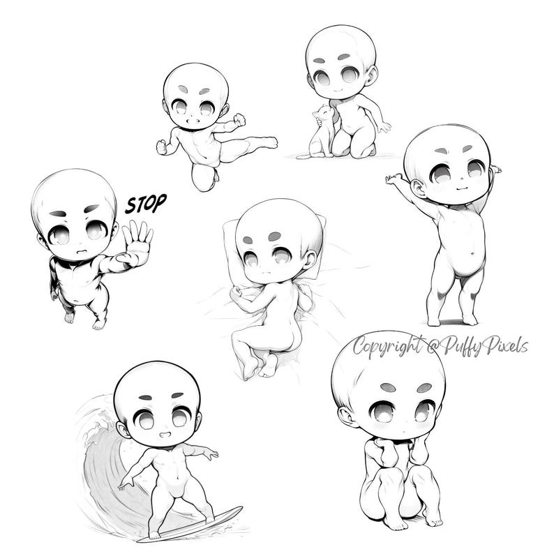 Procreate Chibi Poses Base Sketches Hand Gesture Kawaii Character ...