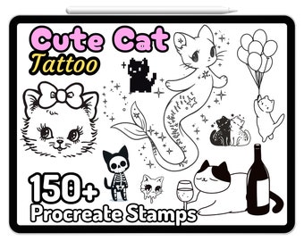 Procreate Tattoo Cute Cat Kitty Stamps Minimalist Kawaii Brushes Sketches Designs Doodles Simple Line Art Elements Anime Cartoon Aesthetic