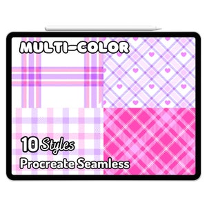 Puede incluir: La pantalla de una tableta digital muestra 10 patrones sin costuras diferentes en rosa, morado y blanco. Los patrones son a cuadros y tienen corazones. El texto "MULTI-COLOR" y "10 Styles Procreate Seamless" se muestra en la pantalla.
