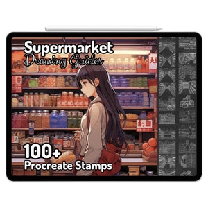 Puede incluir: Una ilustración digital de una joven comprando en un supermercado japonés. La imagen es un conjunto de sellos Procreate con más de 100 sellos de varios artículos y escenas de supermercado. El texto "Supermarket Drawing Guides" y "100+ Procreate Stamps" se muestra en la imagen.