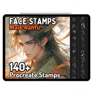 Puede incluir: Una ilustración digital de un hombre con cabello negro largo que lleva una túnica tradicional china. La imagen está etiquetada como "FACE STAMPS Male Hanfu 140+ Procreate Stamps". La imagen también incluye una cuadrícula de más de 140 sellos de rostro diferentes para usar en arte digital.