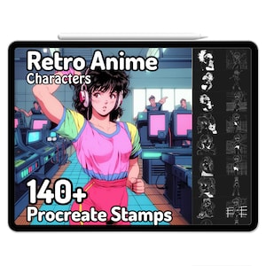 May include: Retro Anime Characters Procreate Stamps, a digital product featuring over 140 stamps of anime characters in a retro style. The image shows a female character with headphones, wearing a pink and yellow shirt and red shorts, running in a retro-style arcade setting.