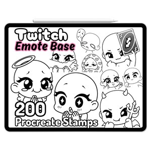 Könnte beinhalten: Schwarzweißillustration eines Sets mit 200 Twitch-Emote-Basisstempeln für Procreate. Das Bild zeigt eine Vielzahl von niedlichen Comicfiguren mit verschiedenen Ausdrücken und Posen.