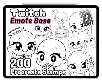 May include: Black and white illustration of a set of 200 Twitch emote base stamps for Procreate. The image shows a variety of cute cartoon characters with different expressions and poses.