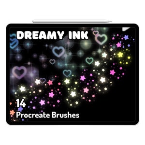 May include: A digital illustration of a tablet screen displaying 14 Procreate brushes with a dreamy ink theme. The brushes feature stars and hearts with a glowing effect in various colors on a black background. The text "DREAMY INK" is displayed at the top of the screen.