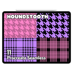 May include: A digital illustration of four different seamless patterns on a tablet screen. The patterns are houndstooth, plaid, and two variations of houndstooth. The patterns are in black, pink, and purple. The text "Houndstooth" and "Procreate Seamless" are displayed on the screen.