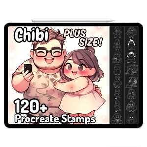 Könnte beinhalten: Eine digitale Illustration eines Paares im Chibi-Stil. Der Mann trägt eine Brille und ein Blumenhemd, die Frau ein weißes Kleid. Das Bild befindet sich auf einem Tablet-Bildschirm mit dem Text "Chibi Plus Size! 120+ Procreate Stamps" auf dem Bildschirm.