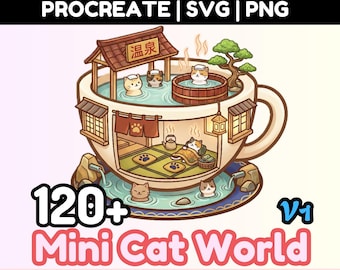 Mini Cat World Procreate PNG SVG Kawaii Coloring Stamps Cozy Onsen Cafe Home House Landscape Creator Cute Characters Neko Cartoon Aesthetic
