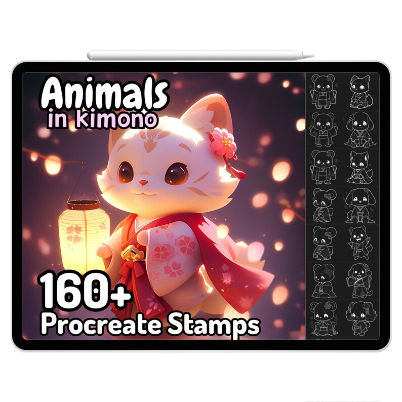 Kawaii Procreate Brushes Stamps Cute Animals Kimono Japanese Anime Pets ...