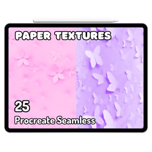 May include: A digital tablet screen displaying a preview of 25 Procreate seamless paper textures. The textures feature a pink background with white paper flowers and a purple background with white paper butterflies.