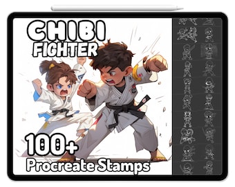 May include: A digital illustration of two children in karate uniforms, one with brown hair and the other with blonde hair, in a fighting pose. The image is labeled "CHIBI FIGHTER 100+ Procreate Stamps".