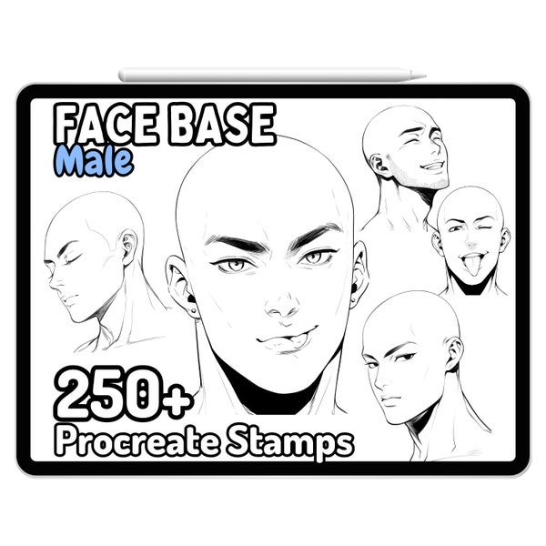 Procreate Anime Face Man Boy Guy Male Husbando Head Brushes Stamps Expressions Emotions Cute Facial Drawing Guides Adult Coloring Book Manga
