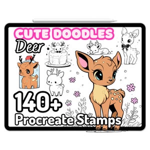 May include: A digital illustration of a set of 140+ cute deer doodles for Procreate. The image shows a variety of deer in different poses, including a deer with a bottle, a deer on a cake, and a deer with a bow. The doodles are in black and white and are perfect for adding a touch of whimsy to your digital art.