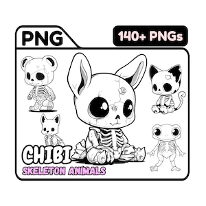 Pode incluir: Um conjunto de ilustrações de animais esqueleto de desenhos animados em preto e branco. Os animais incluem um urso, um gato, um cão, um sapo e um coelho. O texto "CHIBI SKELETON ANIMALS" está na parte inferior da imagem.