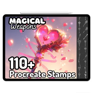 Puede incluir: Una ilustración digital de una llave en forma de corazón rosa y dorada con una cinta rosa y efectos brillantes. La imagen está etiquetada como "Magical Weapons" y "110+ Procreate Stamps".